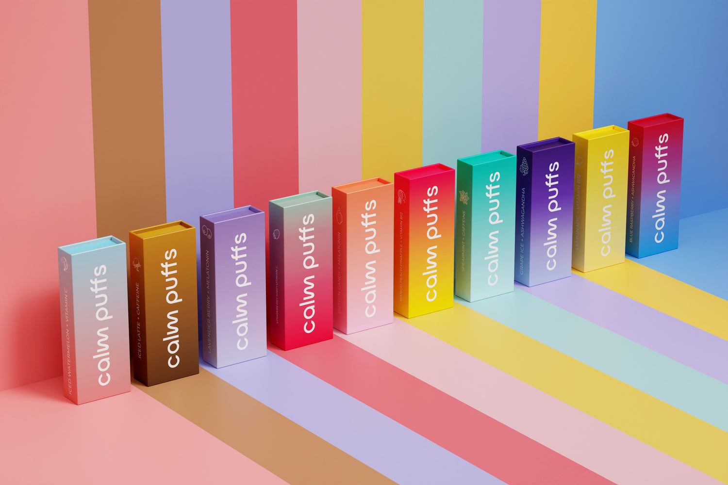 Calm Puffs full flavor lineup displayed in colorful boxes on a vibrant striped background, featuring vitamin-infused diffusers with Vitamin C, B12, Melatonin, Ashwagandha, and Caffeine blends.