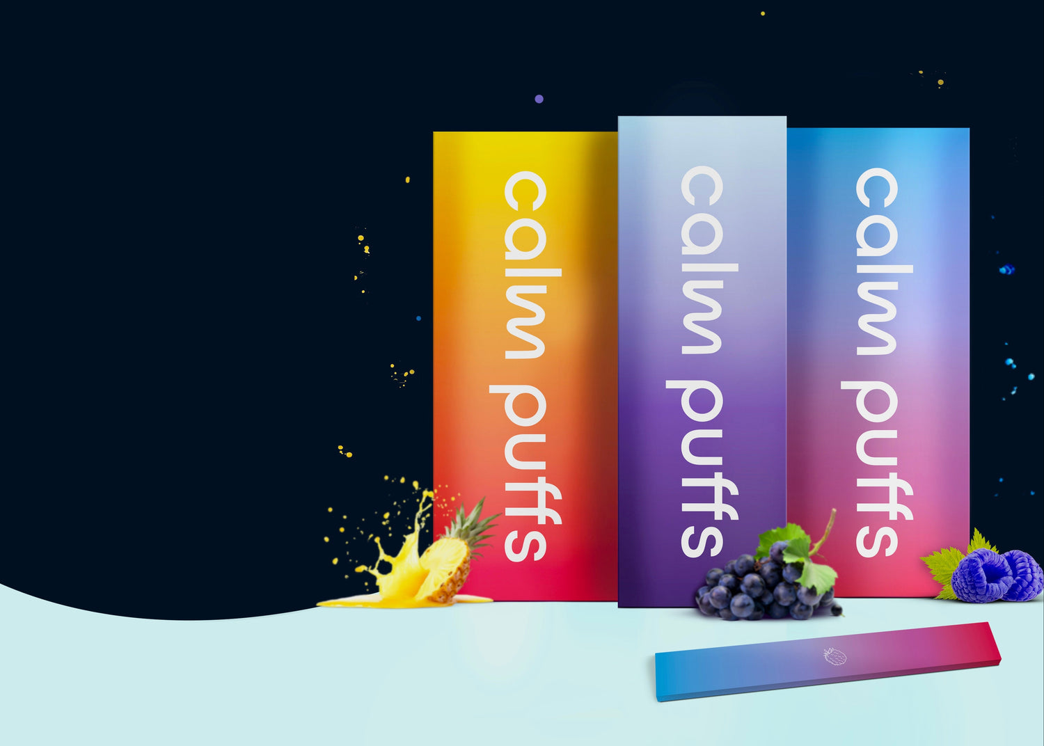 Calm Puffs boxes in dark blue background