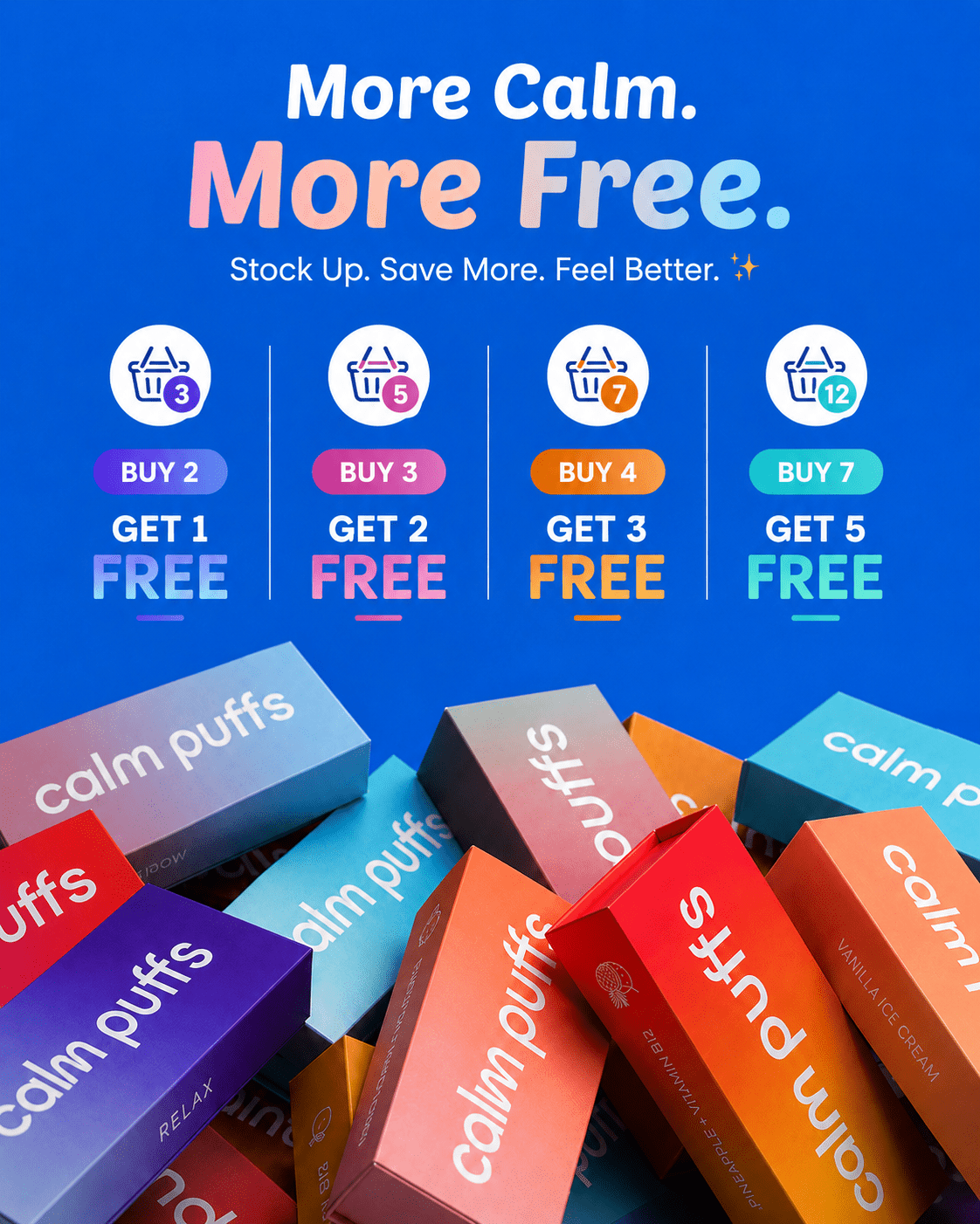 Calm Puffs Discount Offers written in blue background