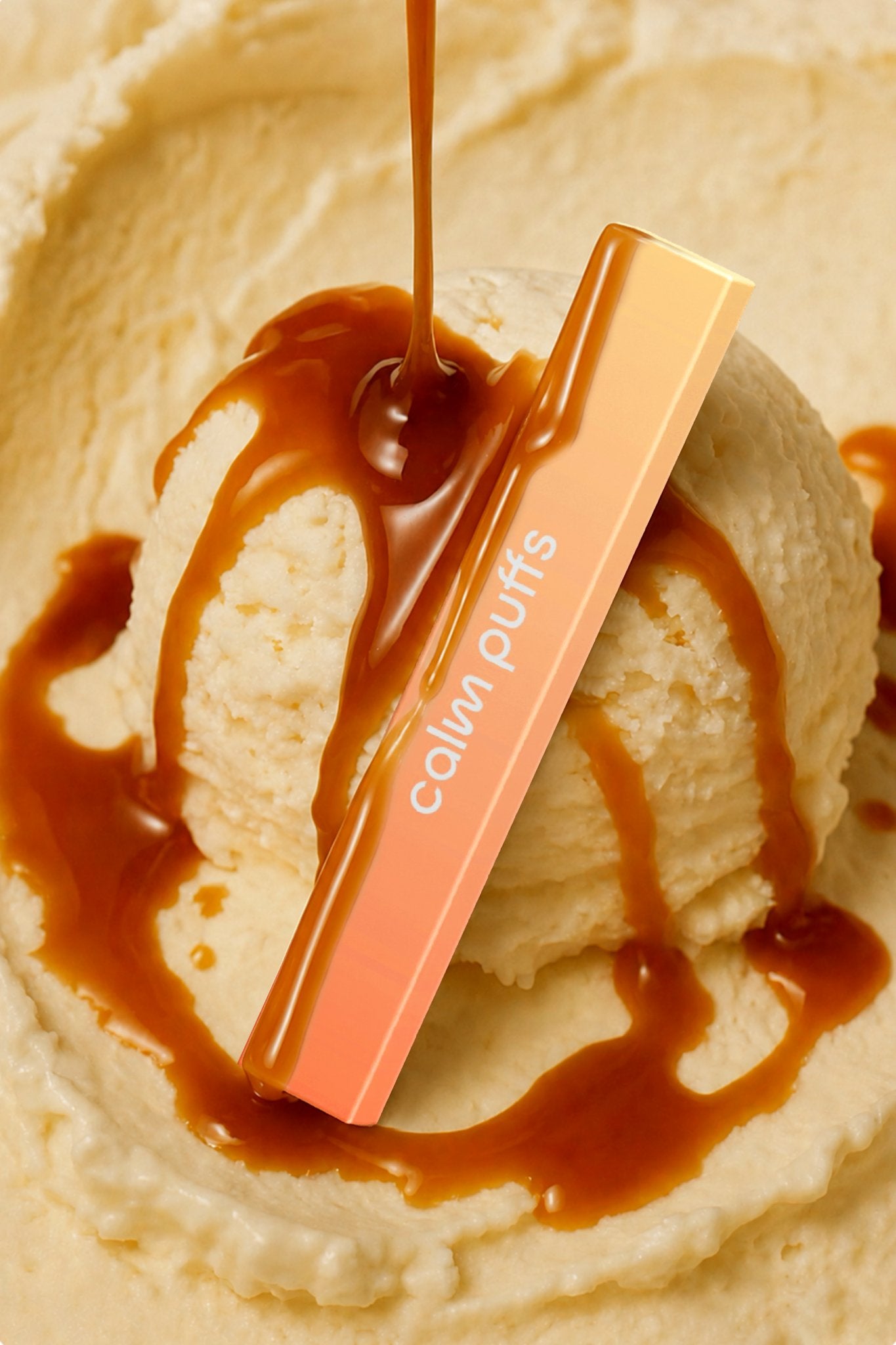 calm puffs vanilla ice cream with caramel sauce on a scoop of vanilla ice cream, featuring the Calm Puffs brand.