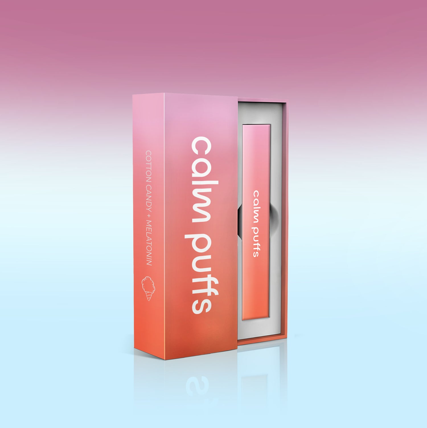 Cotton Candy Calm Puffs box standing in blue and pink background