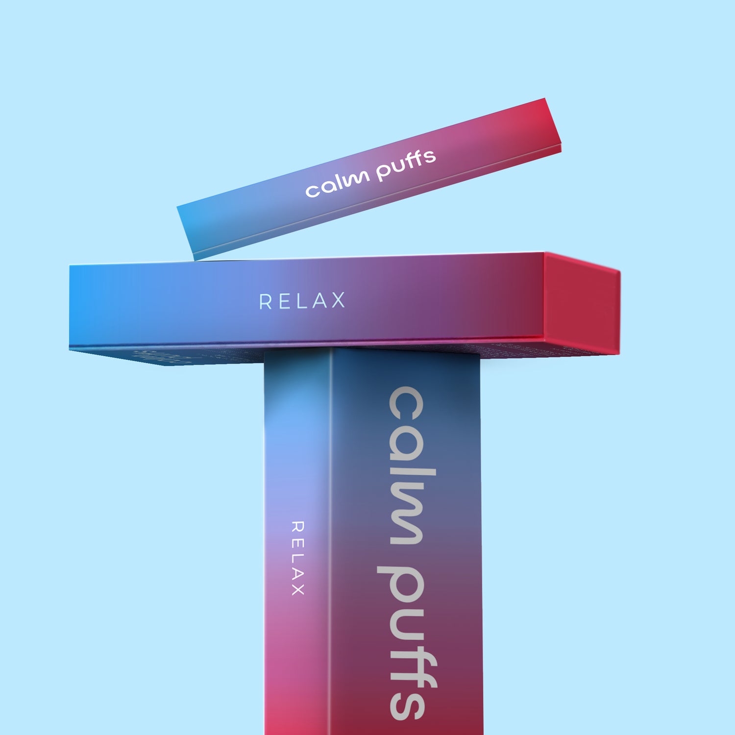 Gradient 'calm puffs' and 'RELAX' boxes on a light blue background