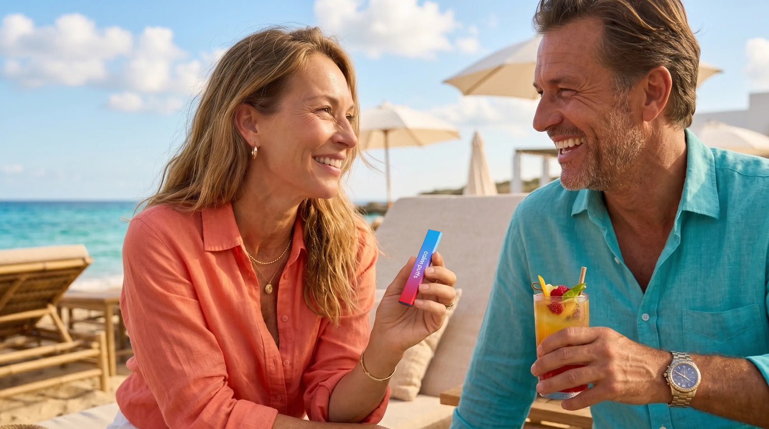 A smiling couple at a beach lounge holding colorfull calm puffs personal aroma diffusers, with ocean, umbrellas, and lounge chairs in the background.