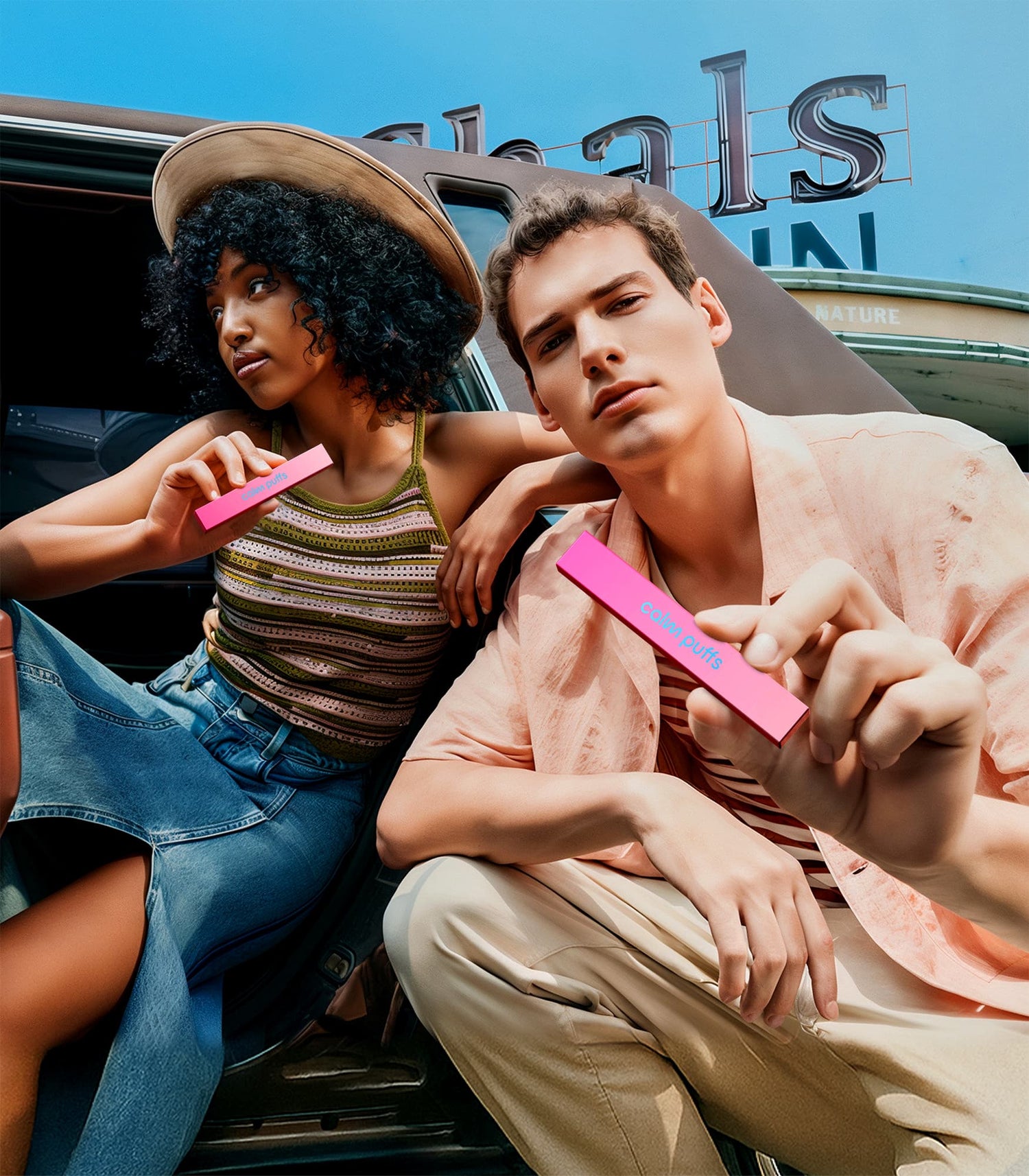 Two young adults holding Calm Puffs Bubblegum Ice Pop + Caffeine diffusers while sitting outdoors in a bright lifestyle scene.