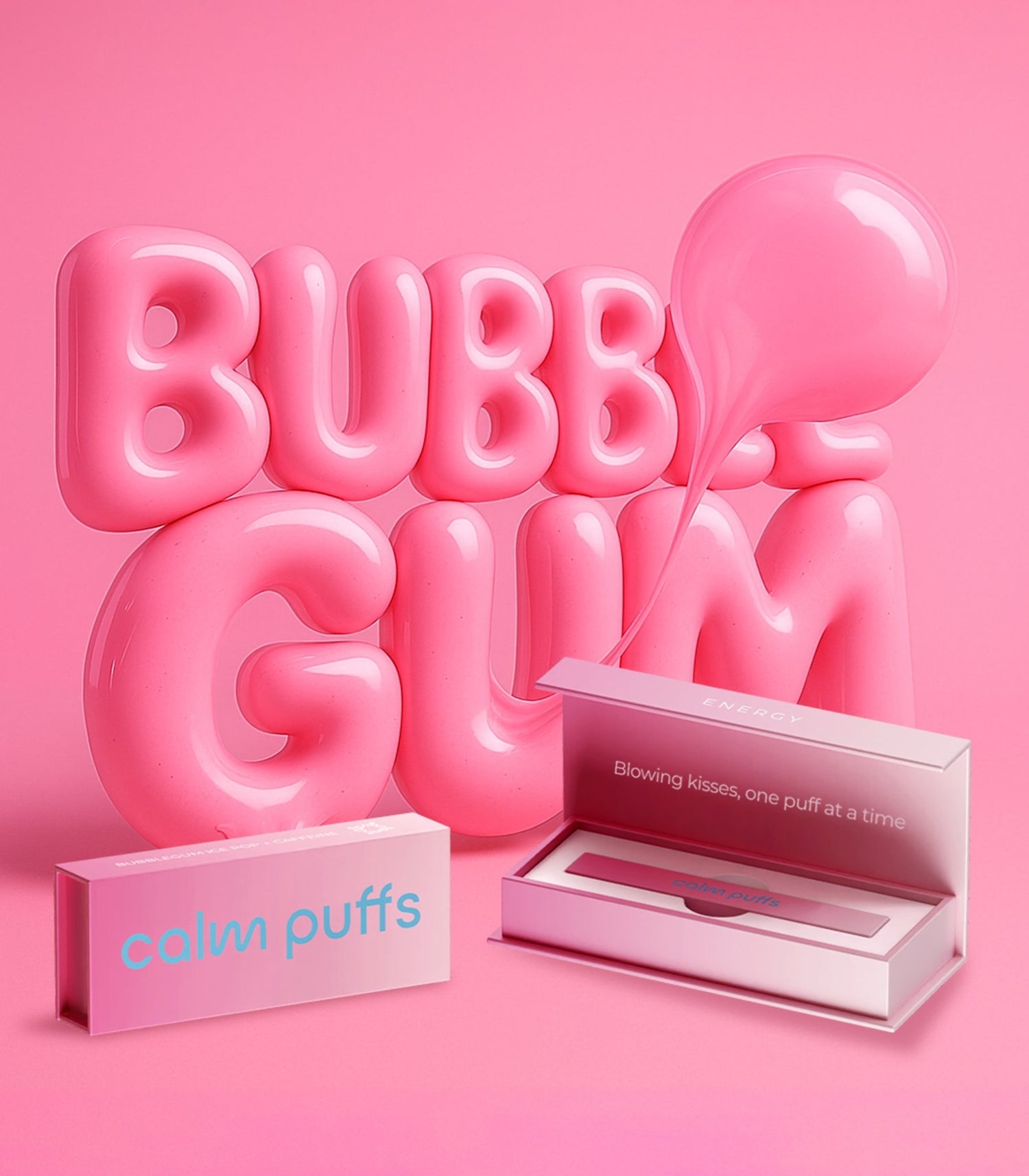 Calm Puffs Bubblegum Ice Pop + Caffeine diffuser with pink bubblegum 3D text, product box, and open packaging displayed on a bright pink background