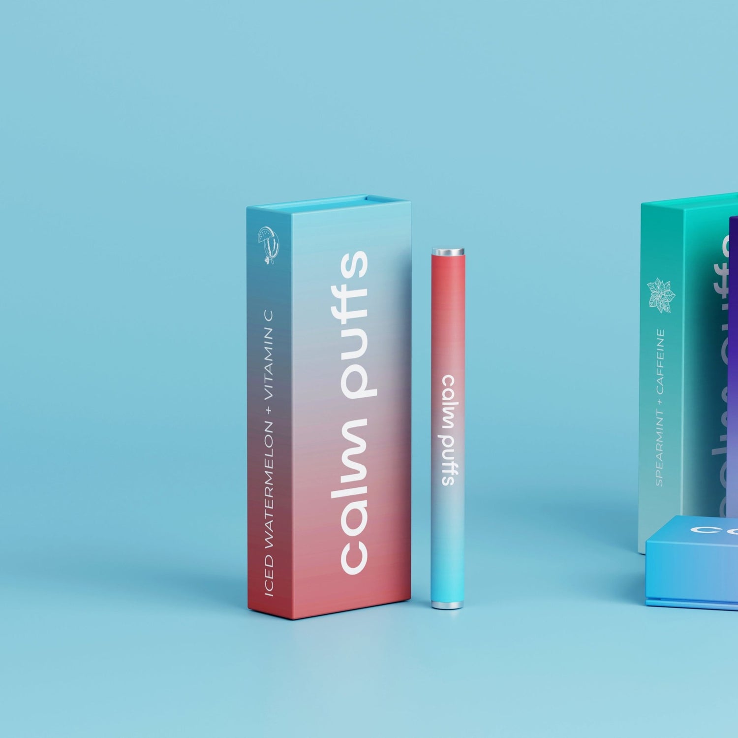 Calm Puffs Iced Watermelon + Vitamin C diffuser with packaging on a light blue background