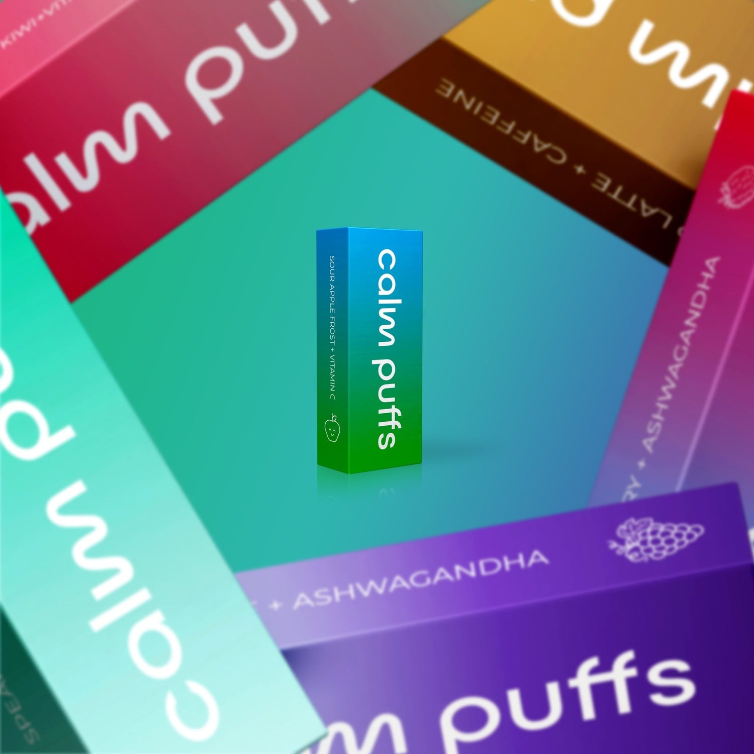 Calm Puffs Sour Apple Frost Vitamin C diffuser standing among colorful Calm Puffs packaging boxes on a gradient background