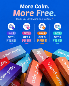 Calm Puffs Discount Offers written in blue background 