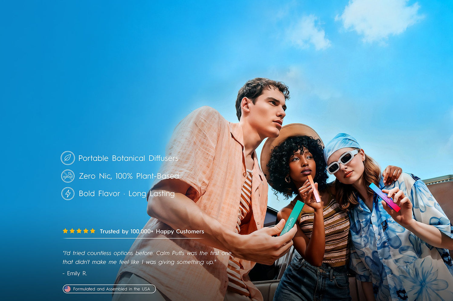 Three people enjoying Calm Puffs portable diffusers outdoors under a blue sky, highlighting plant-based.