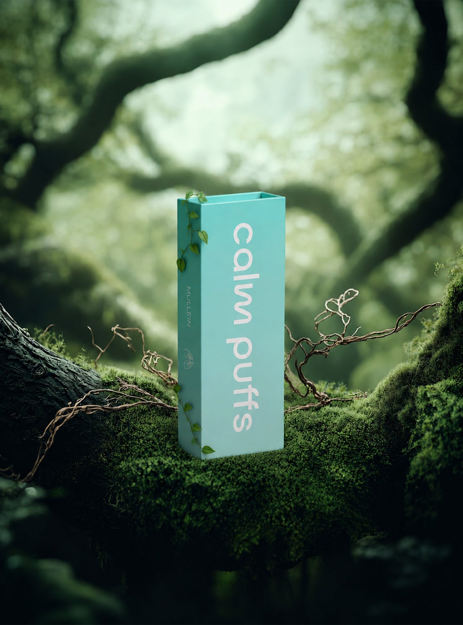 Box labeled 'calm puffs detox diffuser' in a natural setting with greenery