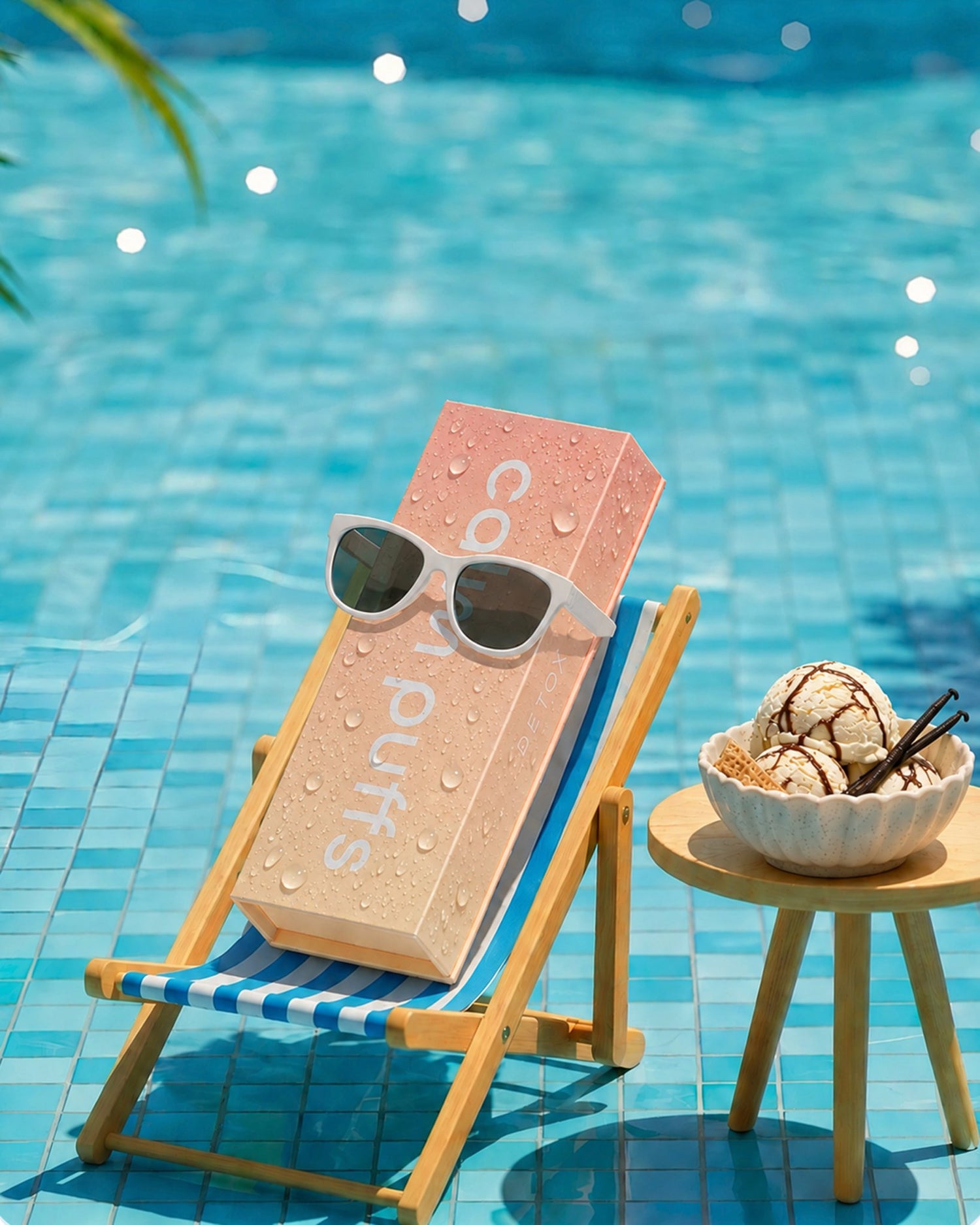 Calm Puffs Vanilla Ice cream diffuser with sunglasses on a deck chair by a poolside