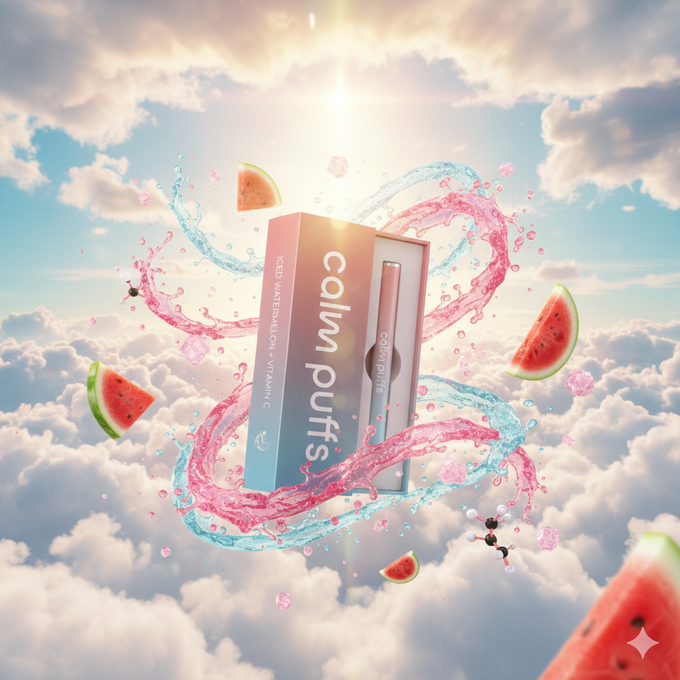 Calm Puffs product with watermelon slices and pink and blue swirls against a cloudy sky background