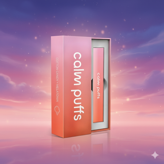 Box of 'calm puffs diffuser' against a colorful sky background