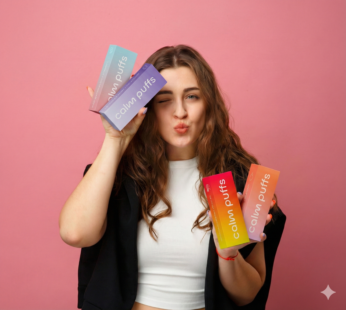 Woman holding Calvin Puffs Diffusers packages against a pink background