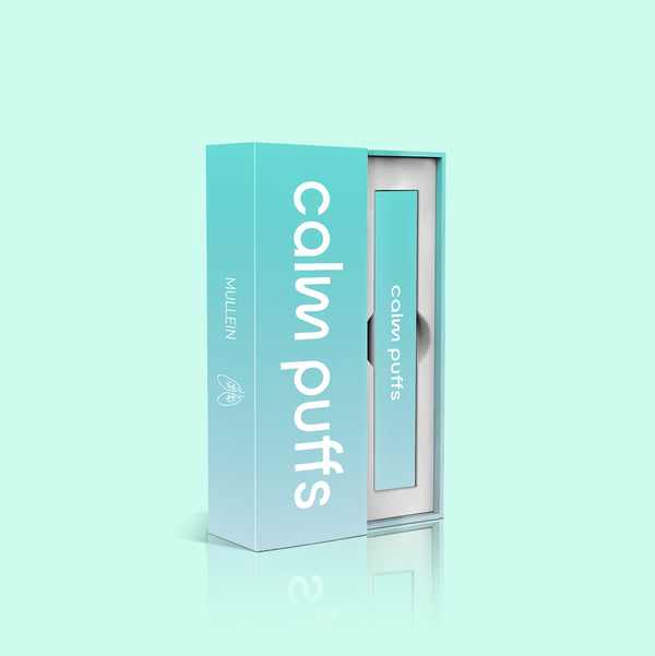 Box of 'Calm puffs diffuser' on a light blue background
